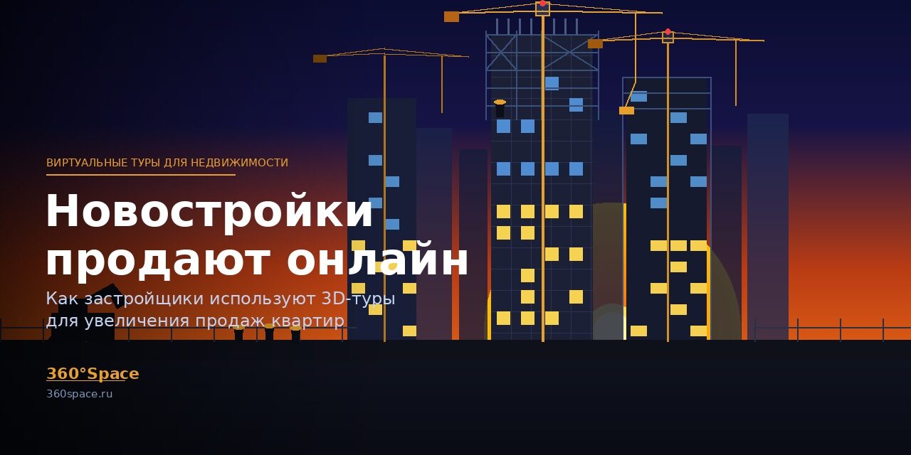 Новостройки продают онлайн — виртуальные туры Стройка жилого комплекса с кранами на закате